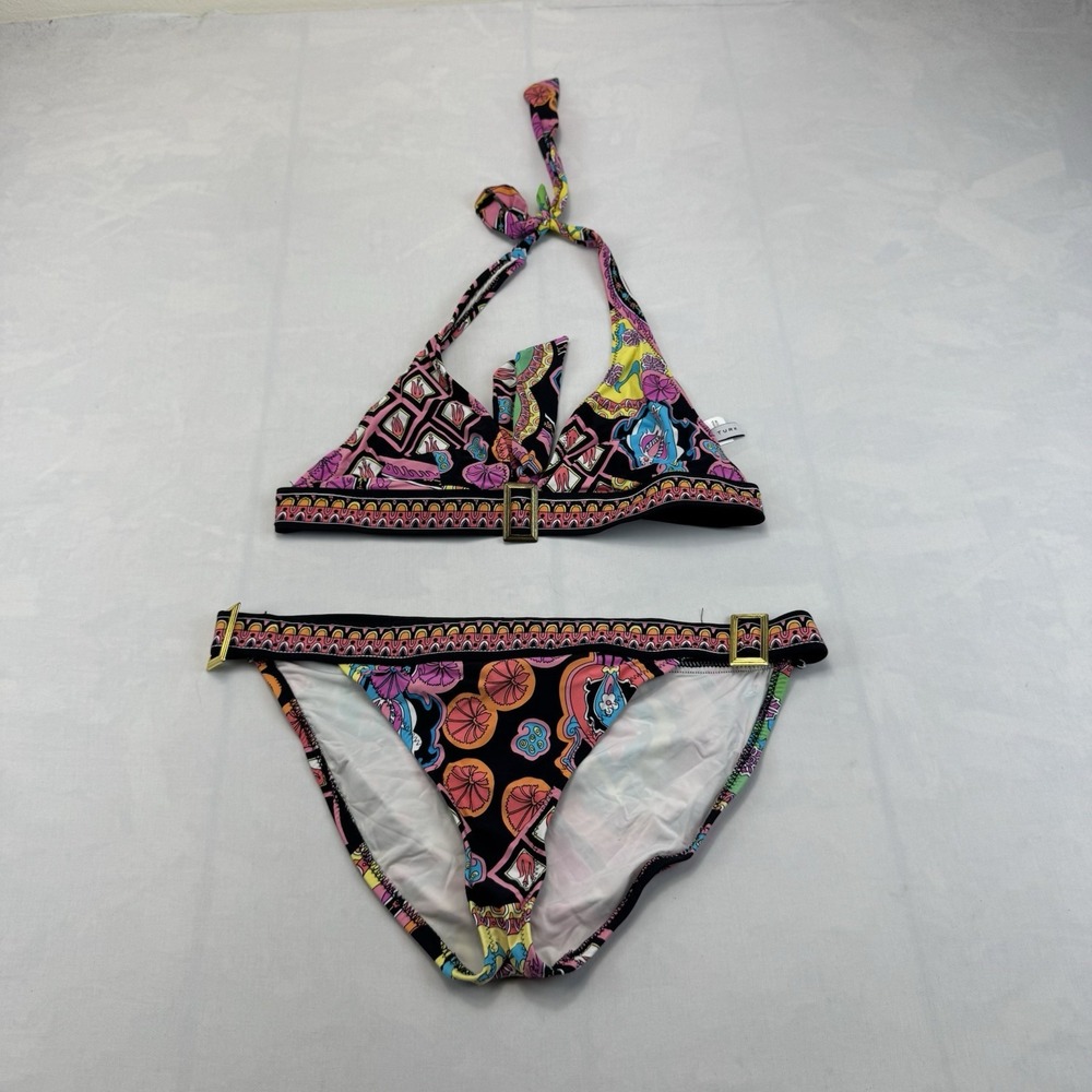 Trina Turk Women's Bikini Set Colorful Print Gold Buckle Top 8 Bottom 10